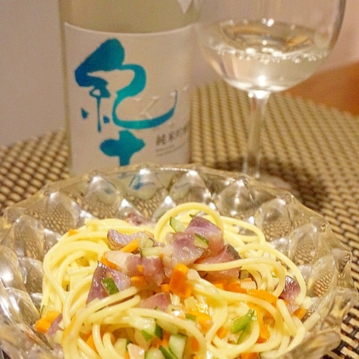 ワインに日本酒に、鰯の冷製パスタ、ラビゴット風